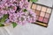 Decorative makeup cosmetics, eye shadow with brush and fresh lilac flowers