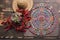 decorative mexican symbol board near dried chili sombrero. High quality photo