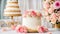 decorative multi-tiered celebrate restaurant cake, flowers bridal table elegant decoration setting
