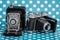 Decorative Old Antique Cameras on Blue Background