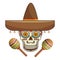 Decorative ornamental sugar skull with mexican hat and maracas