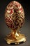 Decorative Ornate red and gold Faberge egg souvenir on display on dark background