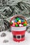 Decorative pail of Christmas gumballs