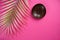 Decorative palm branch, coconut shell bowl on bright pink background. Travel, bodycare, cooking concept.