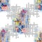 Decorative picture with town. Seamless pattern.