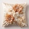 Decorative Pillow With Pearl And Satin Flowers - High Detail Golden Hues