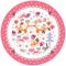 Decorative plate with animals for children. Cute cartoon foxes, squirrels, unicorns and raccoon in a beautiful floral frame