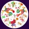 Decorative plate with cute animals. Cat and kitten, fairy cock, duck, little dragon, monkey, alligator and birds