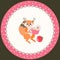 Decorative plate for kids. Cheerful squirrel holds in the paws a cup of chamomile tea. Bright pink polka dot frame