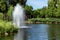 Decorative pond with floating duck with reeds and a fountain.