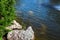 Decorative pond with water and stone decor.