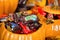 Decorative pumpkins filled with assorted Halloween chocolate can