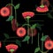 Decorative red flowers. Seamless pattern on black background.