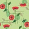 Decorative red flowers. Seamless pattern on green background.