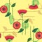 Decorative red flowers. Seamless pattern on yellow background.