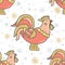 Decorative rooster with snowflakes. Vector illustration on white background.