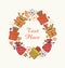 Decorative round garland with present boxes. Ornate wreath with hearts, sacks and gifts. Design holiday elements with many cute de