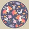 Decorative round plate with winged unicorns, mermaid, fairy, elf, autumn leaves, clouds, butterflies and flowers in vector.