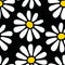 Decorative seamless floral pattern with hand drawn white yellow daisy flowers on black background. Retro style flat