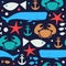 Decorative seamless marine pattern. Cute background with crab, fiddler crab, fish, cachalot, sperm-whale , whale, anchor.