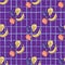 Decorative seamless pattern with abstract bananas, apples, plums and pears. Purple bright chequered background