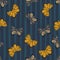 Decorative seamless pattern with botanic print butterfly elements in folk style. Navy blue striped background