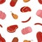 Decorative seamless pattern with delicious meat products of various types on white background. Backdrop with tasty food