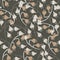 Decorative seamless pattern with grey and beige colored bell flowers shapes. Brown background