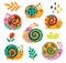 Decorative snails and forest elements collection. Vector illustration
