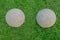 Decorative spherical concrete globes/balls in the green grass