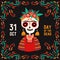 Decorative square card with Calavera Catrina skull. Flyer design for mexican national holiday Day of the dead. Festive