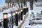 Decorative street lighting in a warm shade, modern lanterns on a metal black border