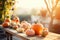 Decorative striped pumpkins on a wooden table on sunny autumn day. Thanksgiving decoration outdoors. Celebrating traditional