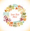 Decorative stylish round garland. Ornate wreath with gifts, letters, love symbols