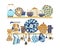 Decorative tableware shelves. Cute rustic ceramic dishes blue and beige colors, patterned cups, ornamental teapots and