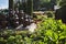 Decorative urns in a park