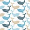 Decorative whales swim in the sea and ocean. Seamless pattern. Marine life. Cute cartoons.