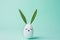 Decorative White Painted Easter Egg Bunny with Drawn Cute Kawaii Face. Green Leaves as Ears. Pastel Turquoise Background.