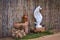 Decorative white plastic swan at a bamboo fence