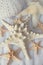 Decorative white starfish on a background of knitted fabrics. Se