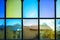 Decorative window with various colored rectangles stained glass