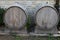 Decorative wine barrels. Exterior design elements, traditional for southern winemaking countries