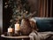 Decorative winter arrangement with fir and candles in cozy home interior, stylish room decor for Christmas holiday