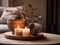 Decorative winter arrangement with fir and candles in cozy home interior, stylish room decor for Christmas holiday