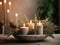 Decorative winter arrangement with fir and candles in cozy home interior, stylish room decor for Christmas holiday