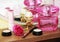 Decorative women`s cosmetics, eye shadow, makeup brushes, lipstick, lip gloss, perfume