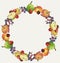 Decorative wreath from watercolor drawings of various ripe fruits,yellow apples,red cherries and plum,blue chokeberry berries,