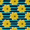 Decorative yellow marguerite flowers seamless doodle pattern. Navy blue striped background