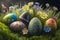 Decoratively painted Easter eggs nestled among vibrant spring flowers