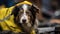 Dedicated rescue dog in signal vest on ruins, close up on defocused background with copy space